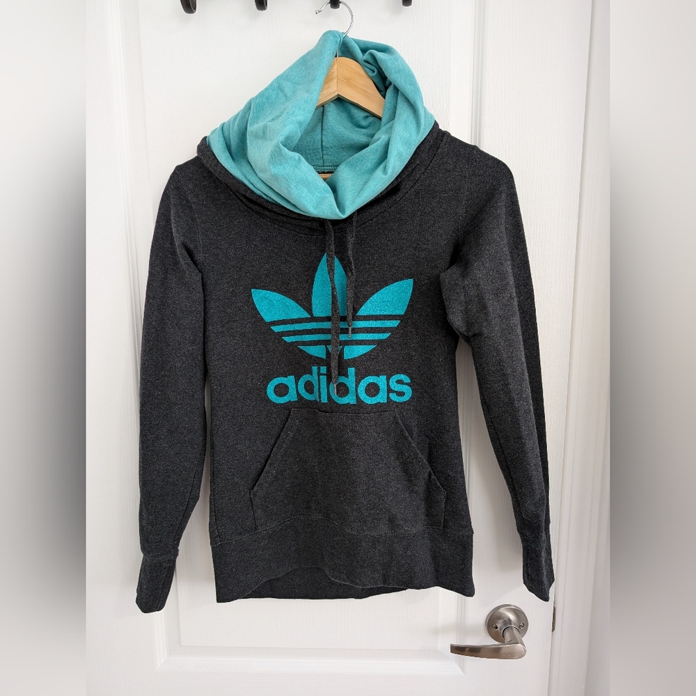 Adidas Grey and Turquoise Cowl-Neck Sweatshirt/Hoodie - Size Small